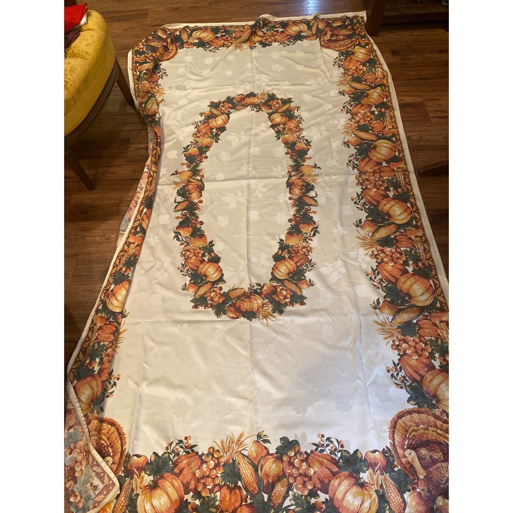 Thanksgiving Harvest Turkey Pumpkin Corn Tablecloth Oval Centerpiece 100" x‎ 56"